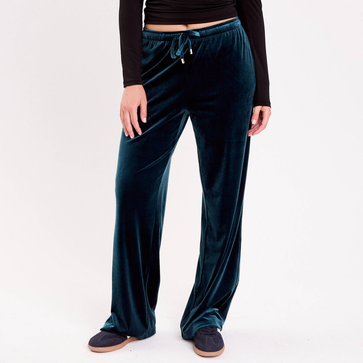 Pantalon large en velours bleu canard femme