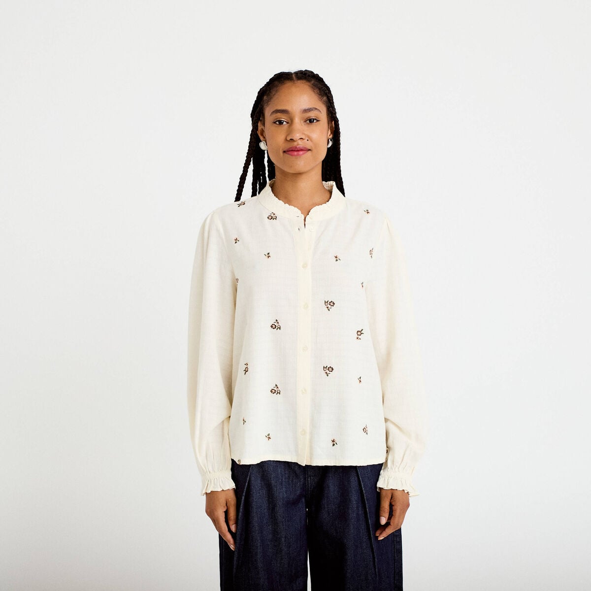 Blouse droite courte broderie ivoire femme