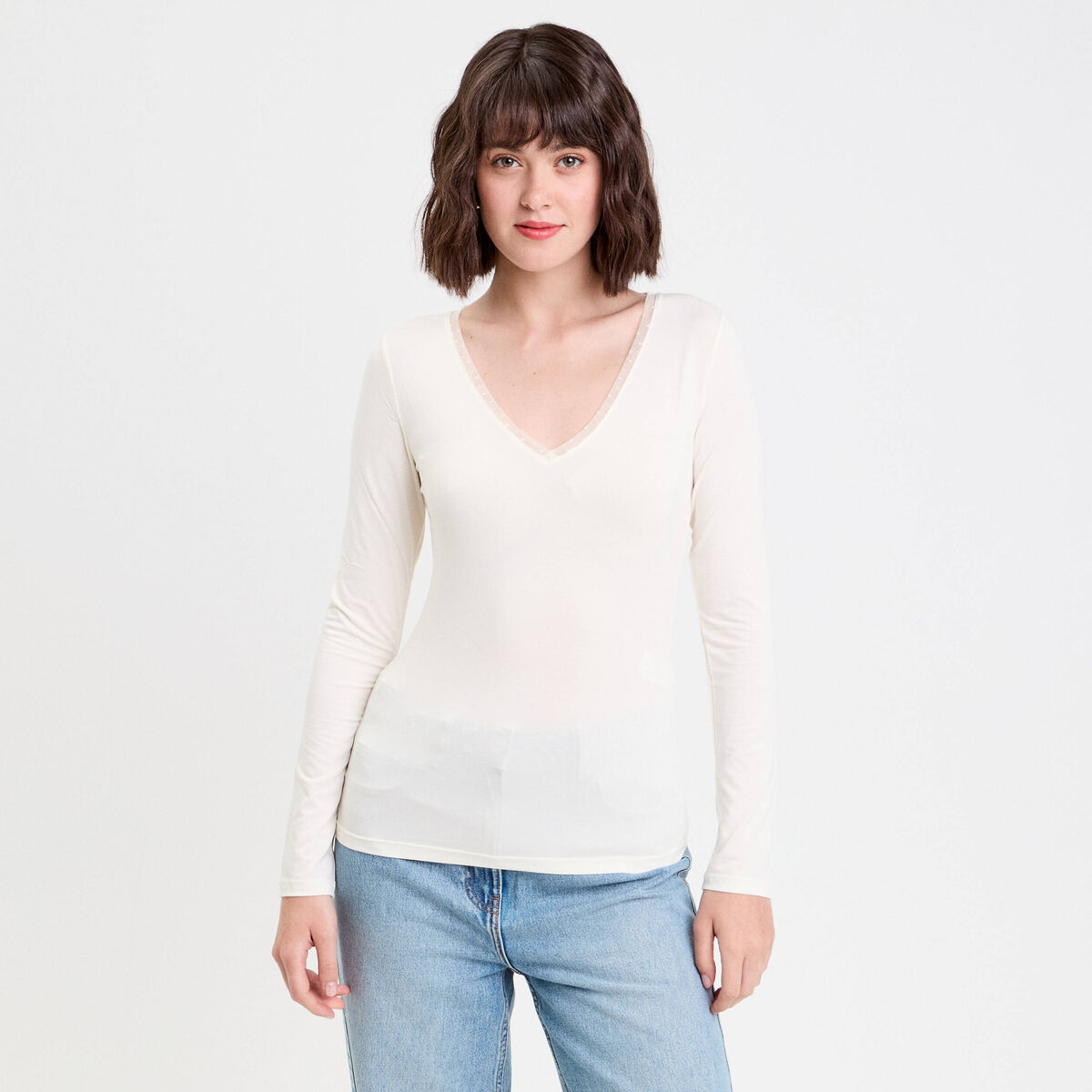 T-shirt thermique col en V plumetis ecru femme