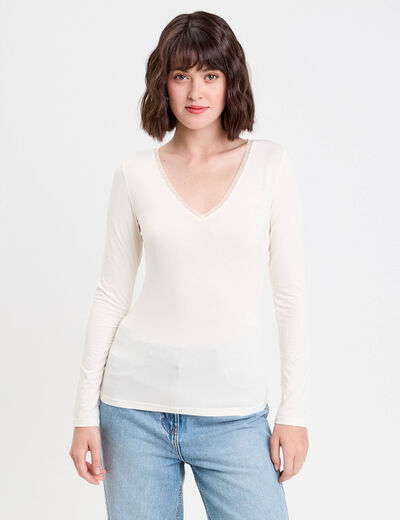 T-shirt thermique col en V plumetis ecru femme
