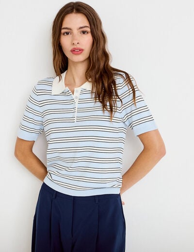 Polo manches courtes col chemise bleu femme