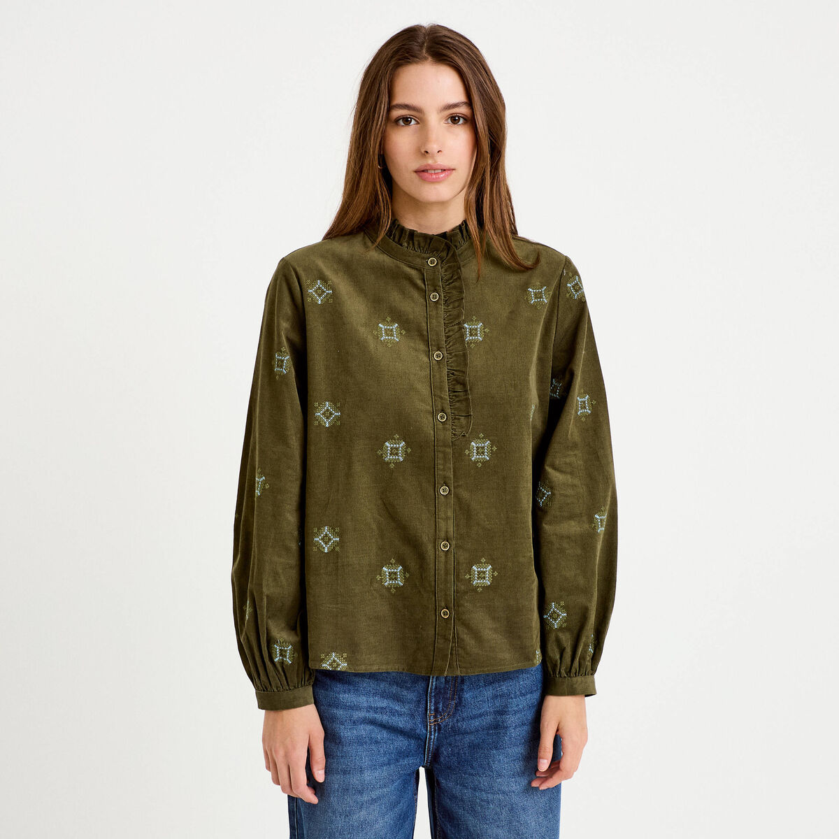 Chemise droite velours col montant vert kaki femme