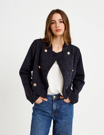 Veste droite cropped effet polaire bleu marine femme