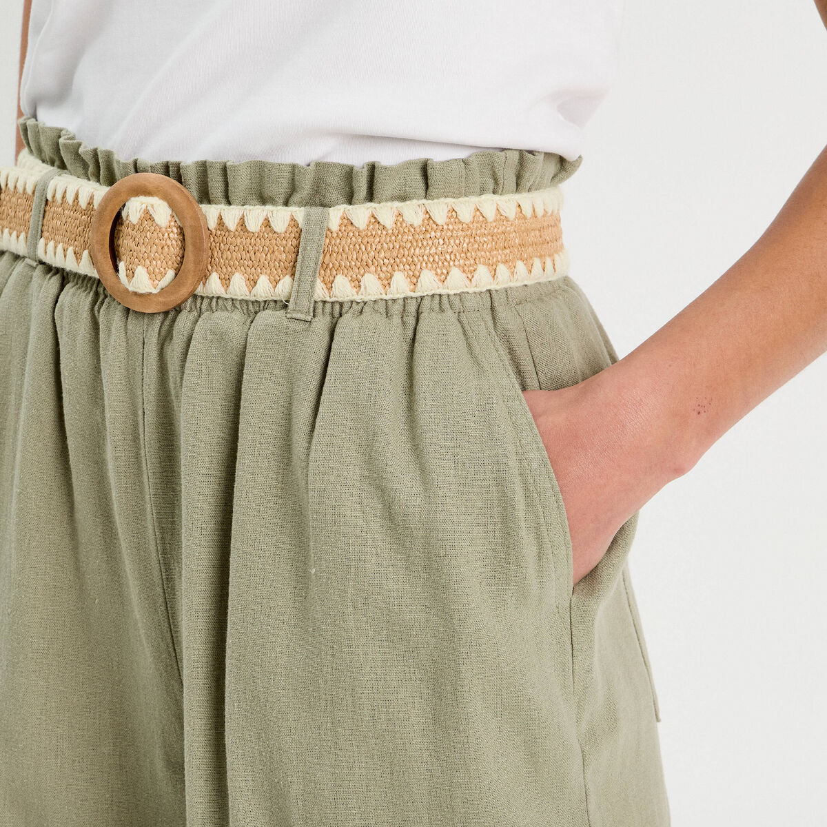 Pantalon large ceintur&eacute; contenant du lin vert kaki femme