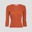 Gilet manches 3/4 boutonn&eacute; marron cognac femme