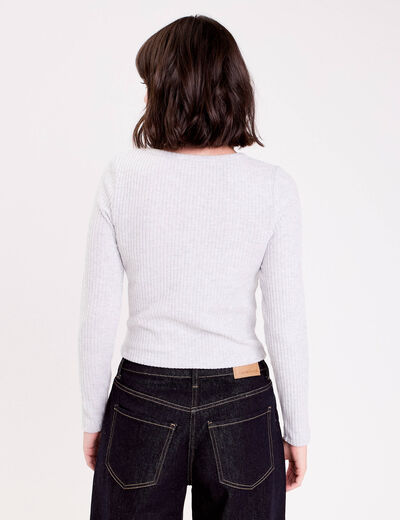 Pull duveteux col rond manches longues gris clair femme