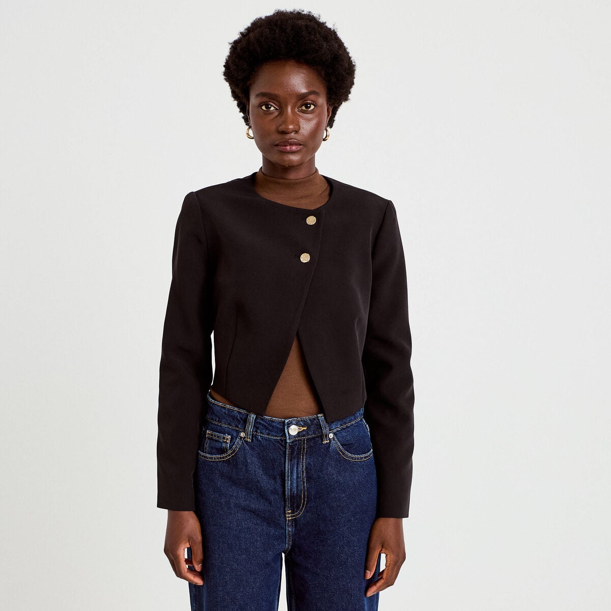 Blazer droit cropped col rond noir femme