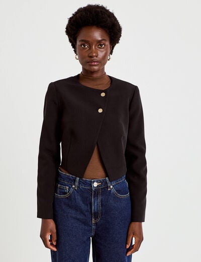 Blazer droit cropped col rond noir femme