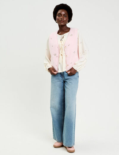 Gilet sans manches brod&eacute; effet polaire vieux rose femme