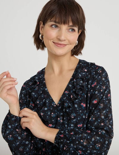 Robe courte &eacute;vas&eacute;e col v manches longues noir femme