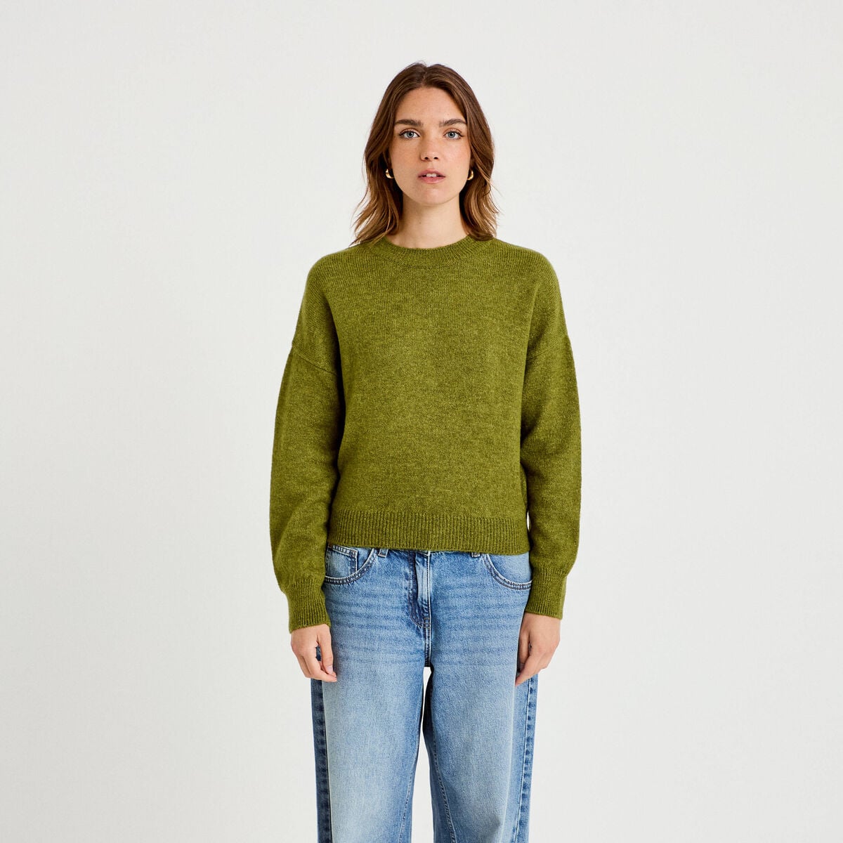 Pull col rond manches longues vert fonc&eacute; femme