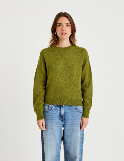 Pull col rond manches longues vert fonc&eacute; femme