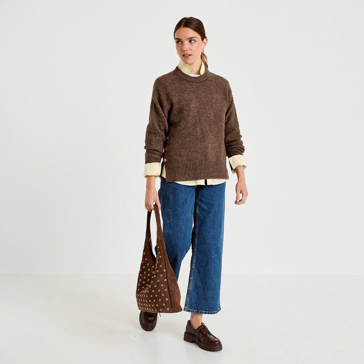 Pull manches longues marron fonc&eacute; femme