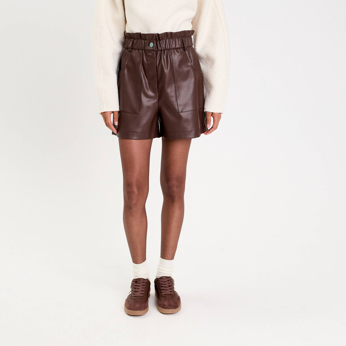 Short regular taille haute similicuir marron fonc&eacute; femme