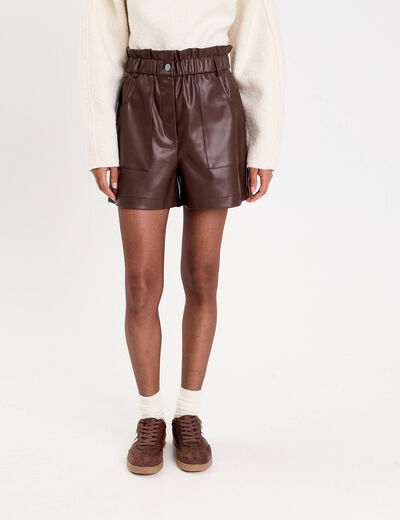 Short regular taille haute similicuir marron fonc&eacute; femme