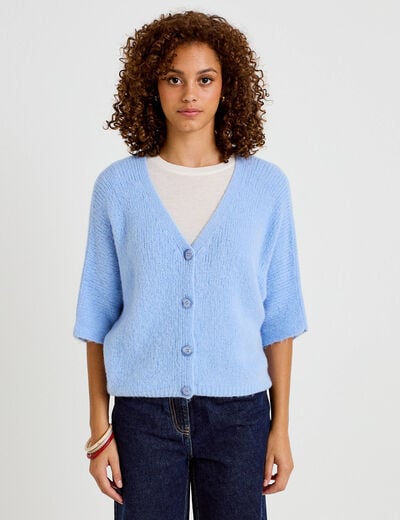 Gilet ample col v manches 3/4 bleu ciel femme