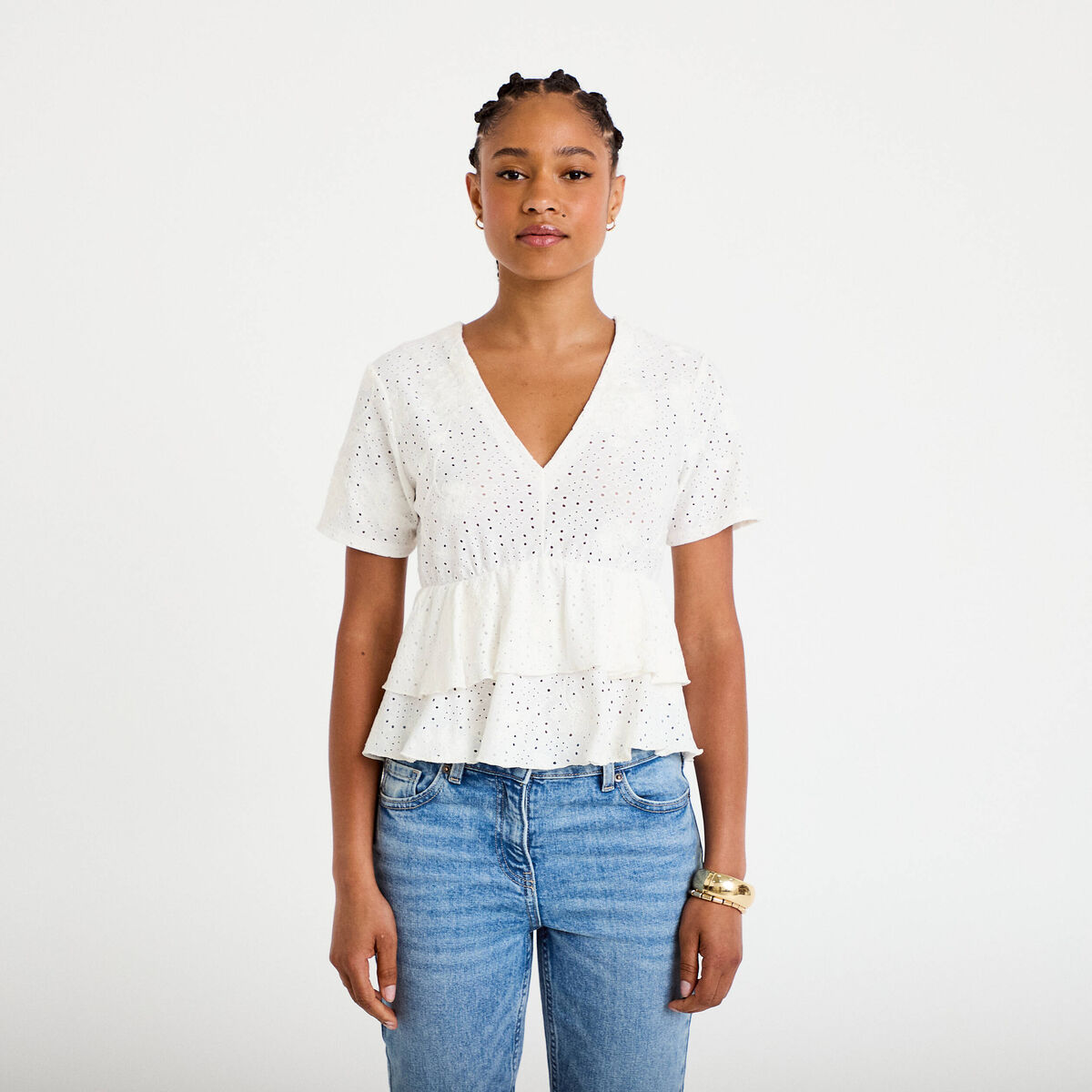 Blouse d&eacute;collet&eacute; manches courtes ecru femme
