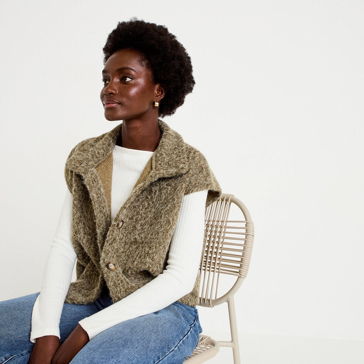 Veste sans manches col montant vert kaki femme