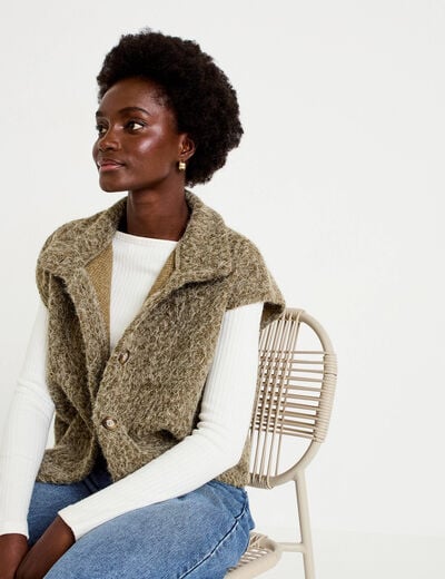 Veste sans manches col montant vert kaki femme