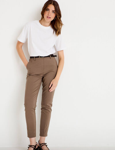 Pantalon cigarette ceintur&eacute; taupe femme