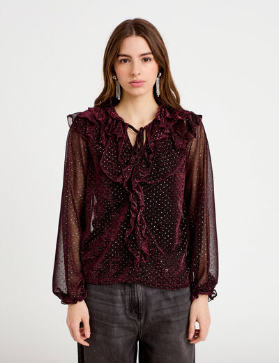 Blouse voile transparent paillet&eacute; violet fonc&eacute; femme
