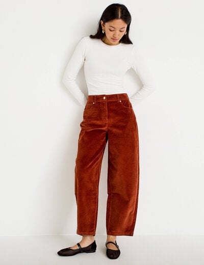 Pantalon barrel en velours marron cognac femme