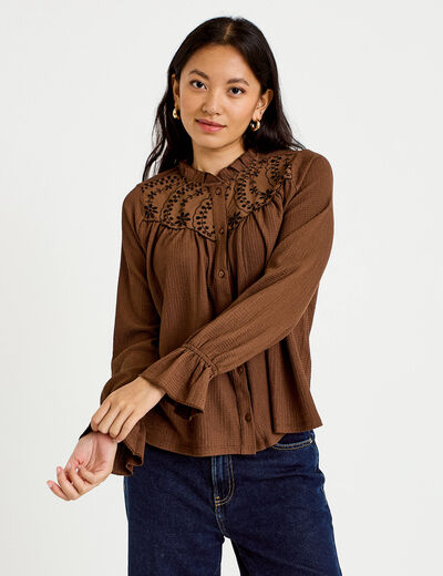 Blouse droite manches longues pliss&eacute;e marron femme