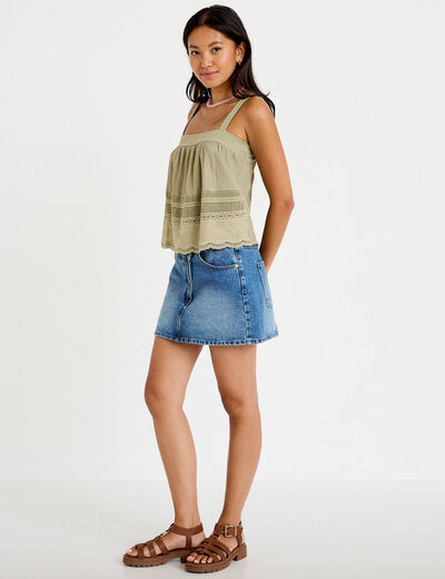 Top &agrave; bretelles broderie vert kaki femme