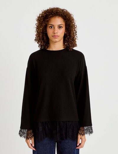 T-shirt manches longues avec dentelle noir femme