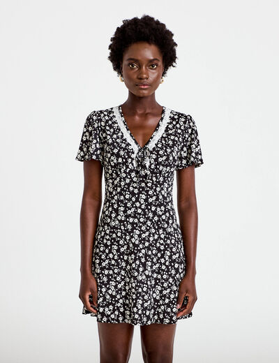 Robe courte d&eacute;tail dentelle noir femme