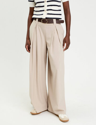Pantalon large avec ceinture beige femme