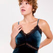 Robe longue en velours d&eacute;tails dentelle bleu canard femme