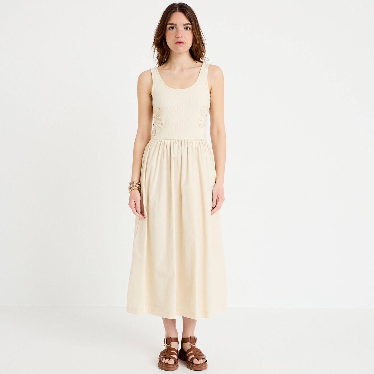 Robe longue &eacute;vas&eacute;e bi-mati&egrave;re ecru femme