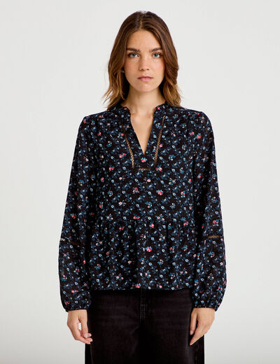 Chemise col v manches longues noir femme