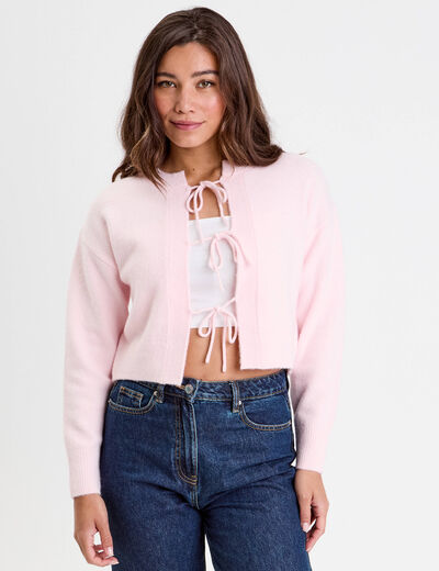 Gilet court nou&eacute; rose clair femme