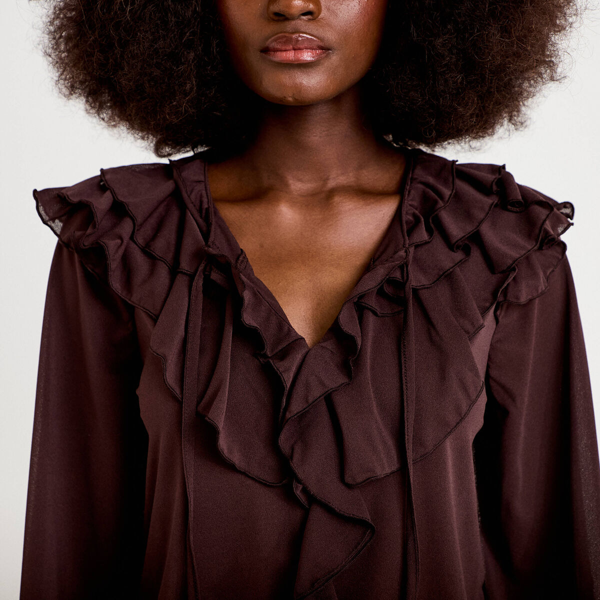 Blouse ample col v manches longues bordeaux femme
