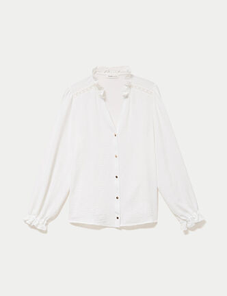 Blouse droite col v manches longues ecru femme