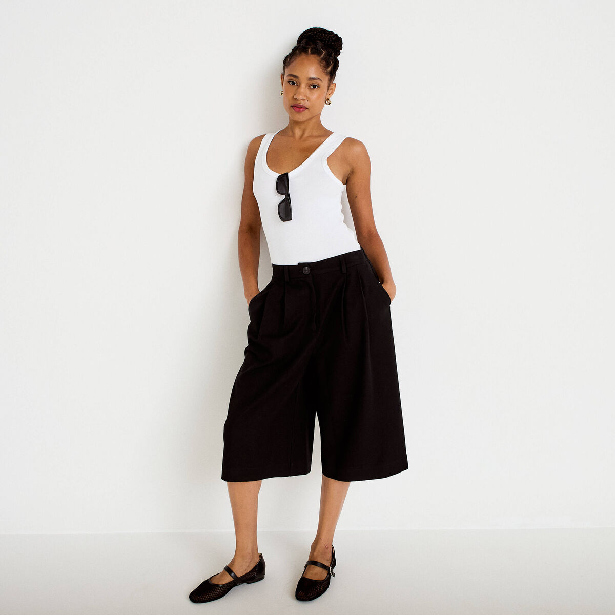 Bermuda large taille haute noir femme