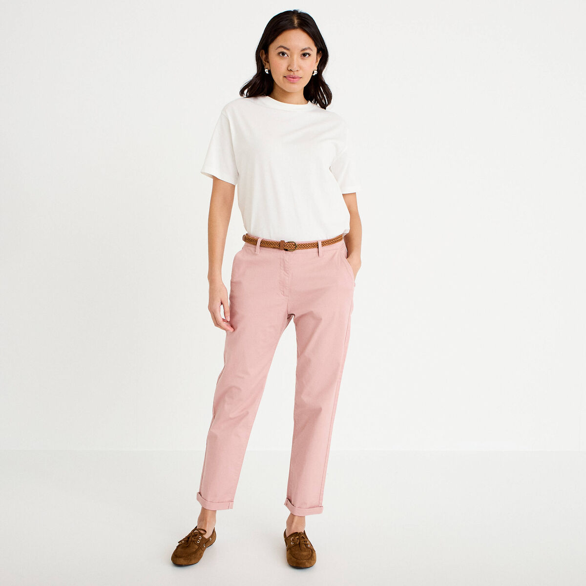 Pantalon chino 7/8&egrave;me rose pastel femme