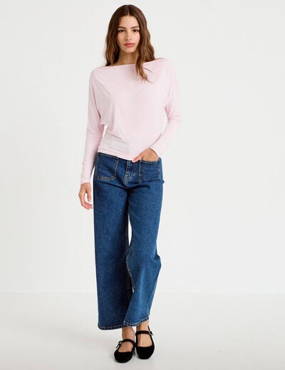 T-shirt col bateau manches longues rose clair femme