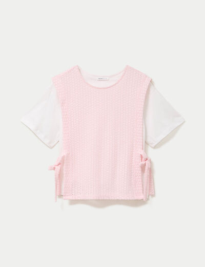 T-shirt 2-en-1 col rond manches courtes rose clair femme