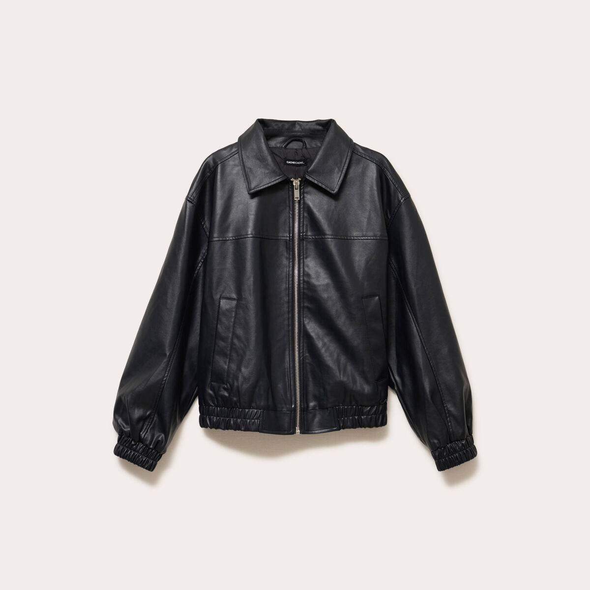 Bomber oversize similicuir col chemise noir femme