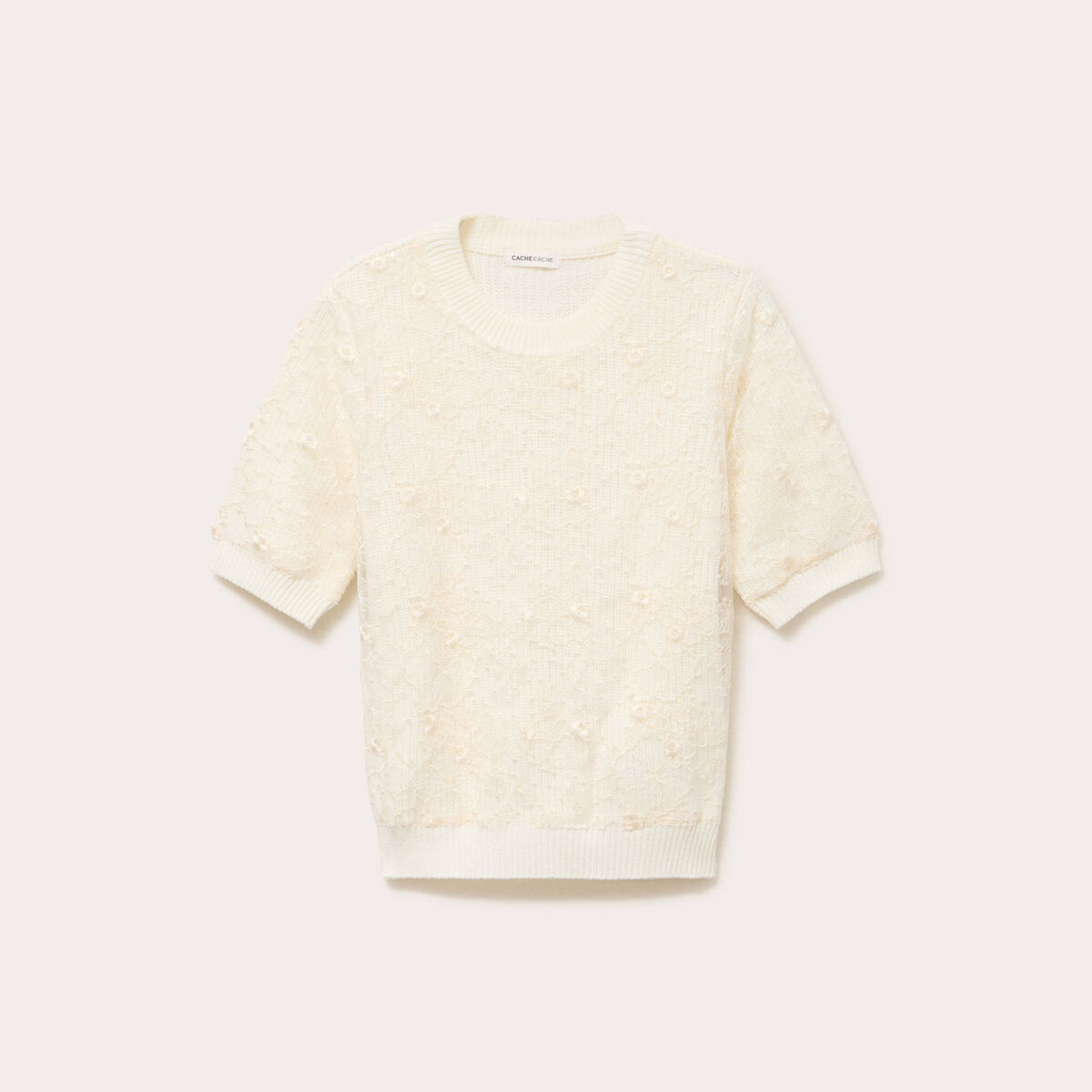 Pull dentelle manches courtes ecru femme