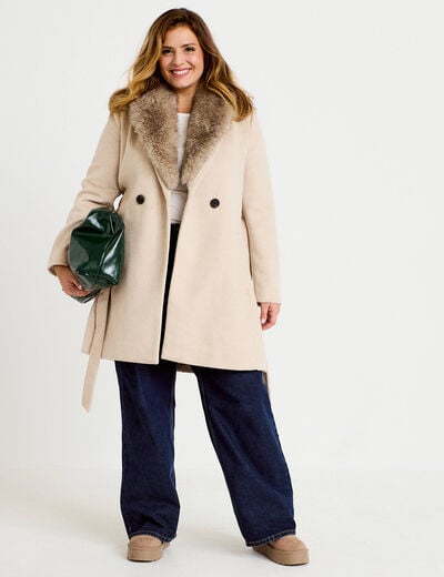Manteau cintr&eacute; col ch&acirc;le manches longues beige femme