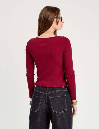 Gilet manches longues c&ocirc;tel&eacute; rouge fonc&eacute; femme