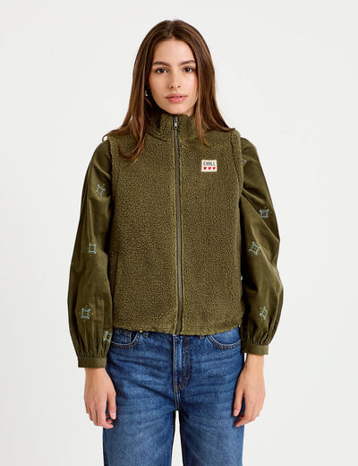 Veste sans manches col montant bouclette vert kaki femme