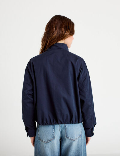 Blouson court bas resserr&eacute; bleu marine femme