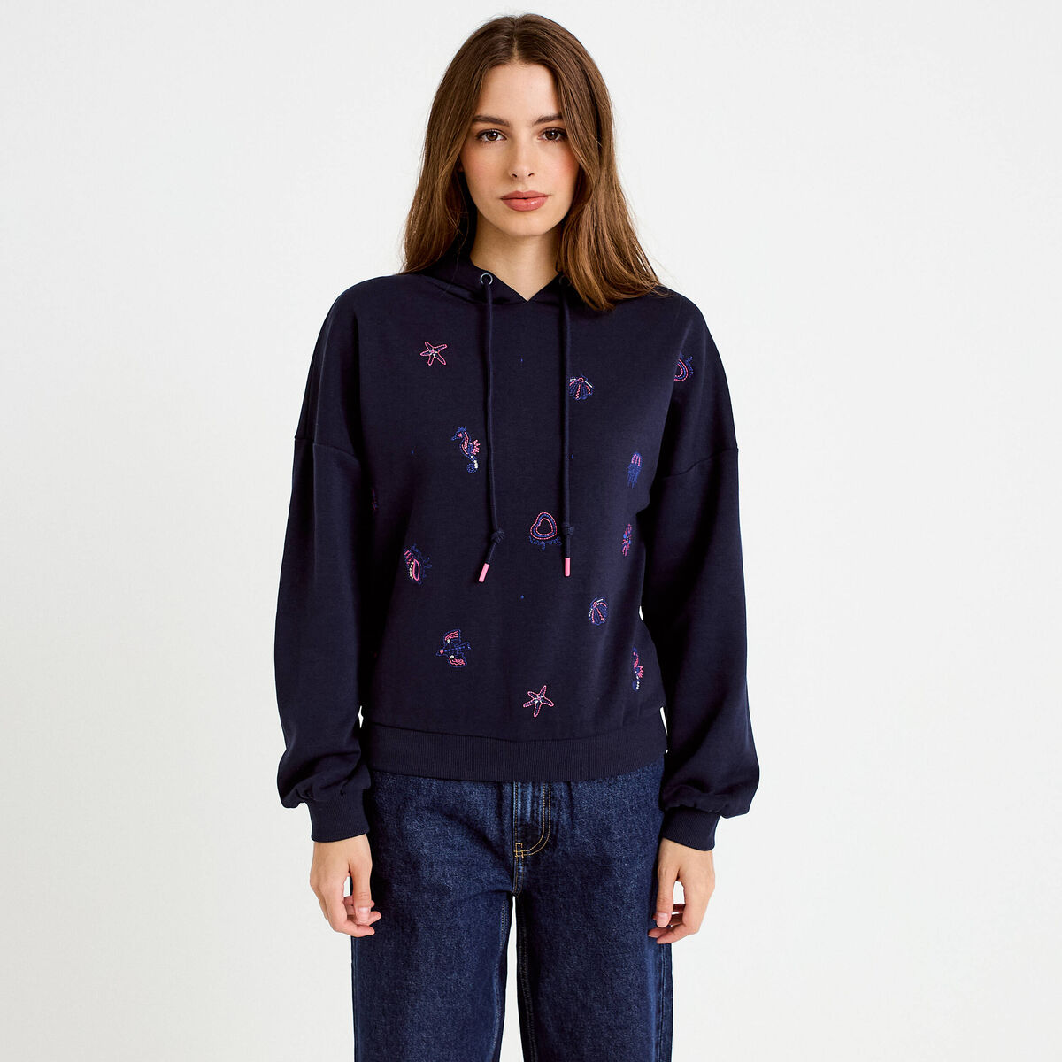 Sweat &agrave; capuche brod&eacute; manches longues bleu femme