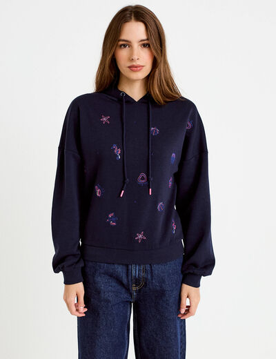 Sweat &agrave; capuche brod&eacute; manches longues bleu femme