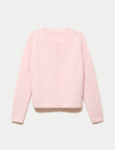 Gilet col rond manches longues rose clair femme